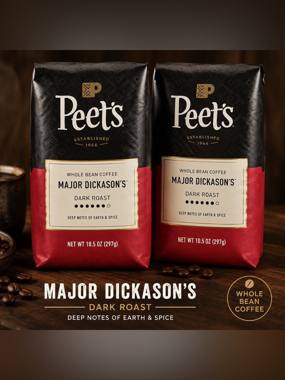 2pc Peet's Major Dickason's Dark Roast Whole Bean Coffee - Black & Red